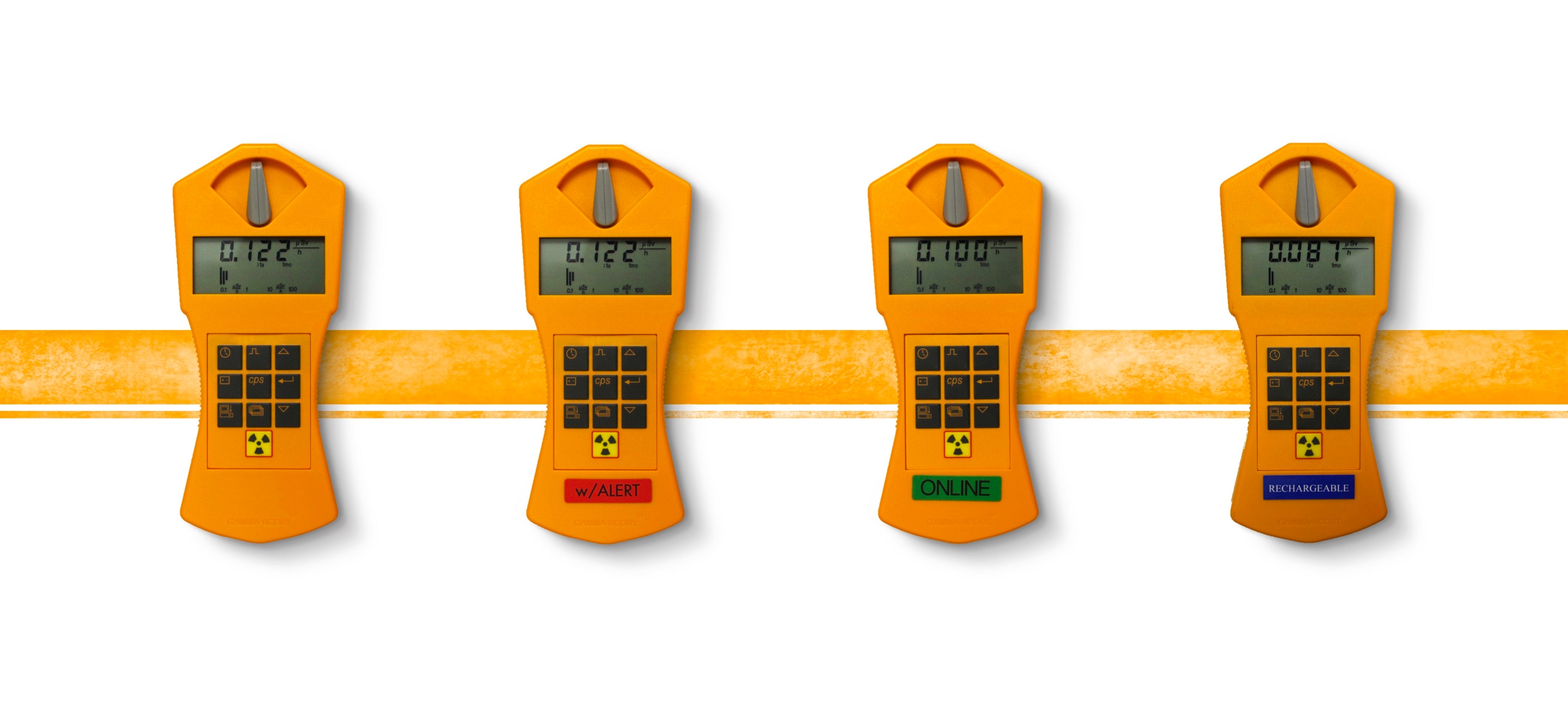 Front view of Gamma-Scout Standard, Alert, Rechargeable, & Online models